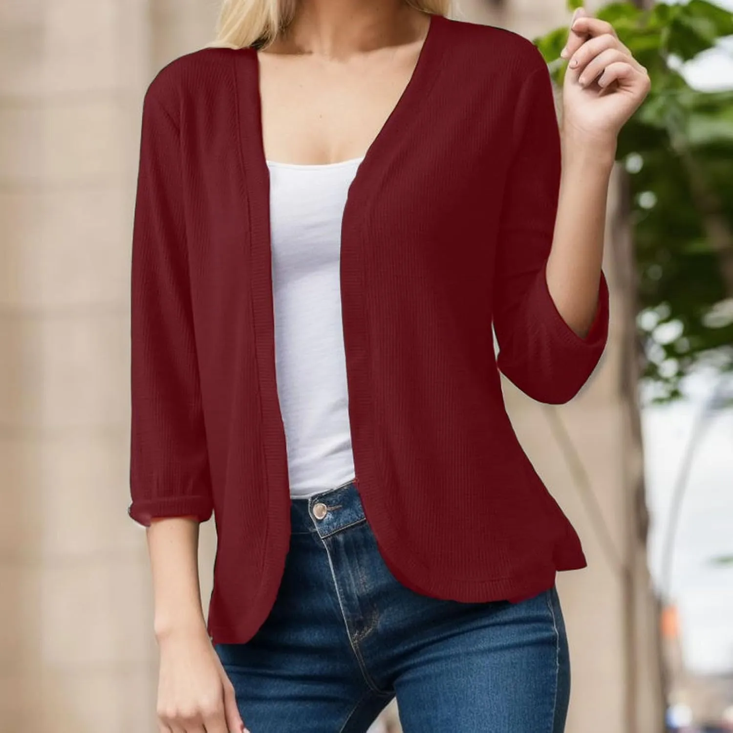 2023 Women's Casual Lightweight Coat Short Open Front Cardigans Soft Draped Ruffles 3/4 Sleeve Cardigan Fall Soft Kimono