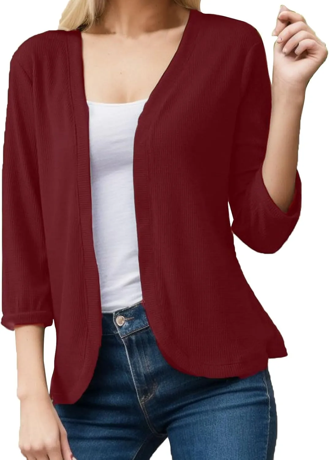 2023 Women's Casual Lightweight Coat Short Open Front Cardigans Soft Draped Ruffles 3/4 Sleeve Cardigan Fall Soft Kimono