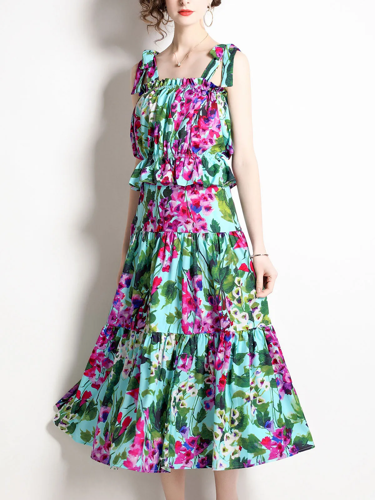 2PCS Green Strap Floral Printed Pleated Midi Length Swing Boho Dress