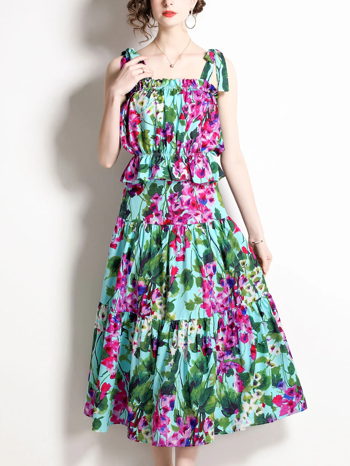 2PCS Green Strap Floral Printed Pleated Midi Length Swing Boho Dress