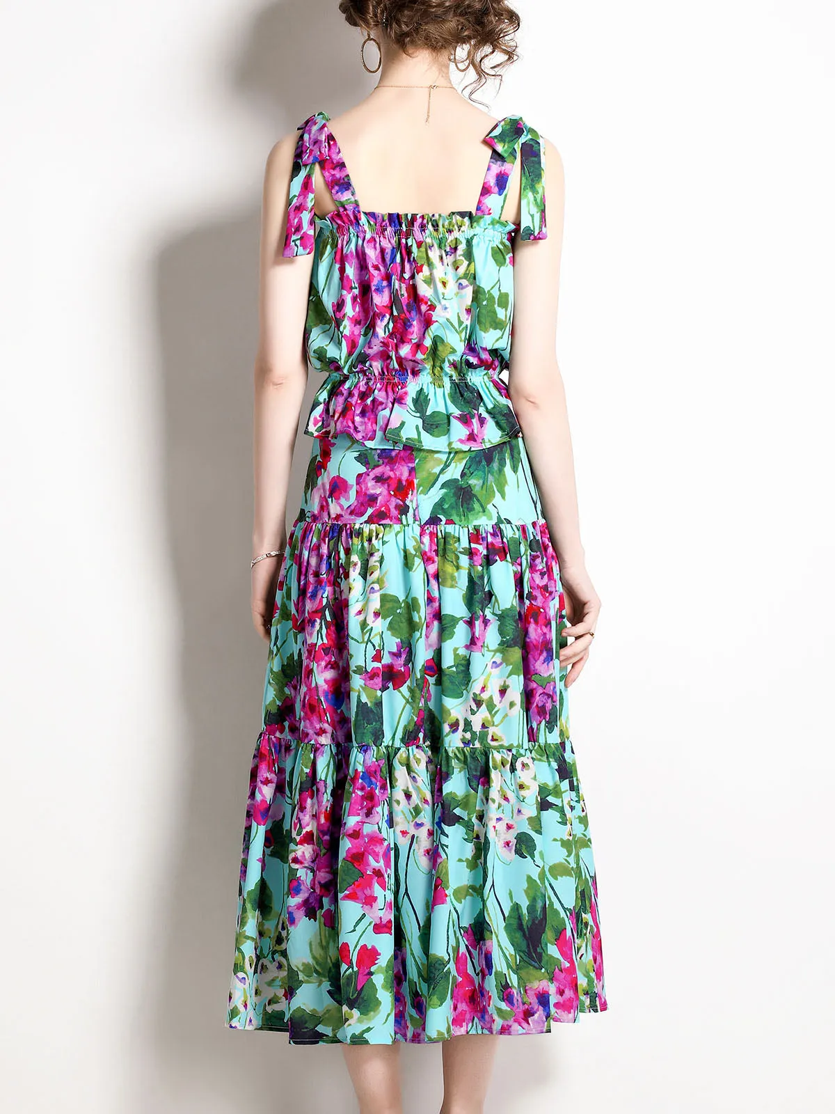 2PCS Green Strap Floral Printed Pleated Midi Length Swing Boho Dress