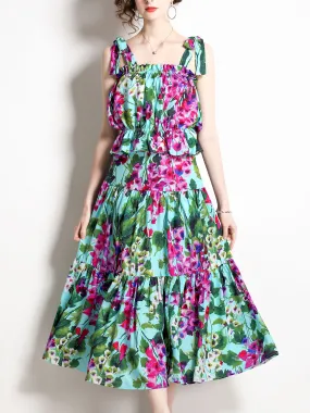 2PCS Green Strap Floral Printed Pleated Midi Length Swing Boho Dress