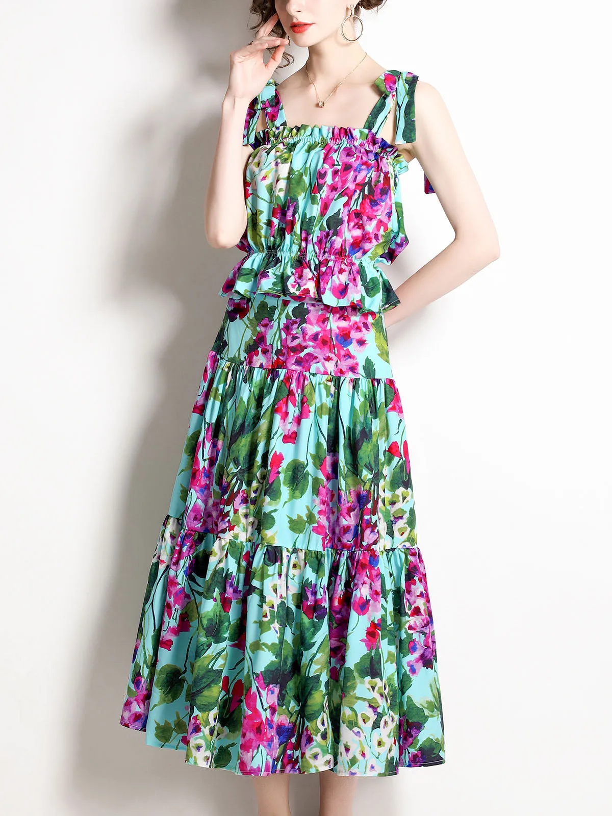2PCS Green Strap Floral Printed Pleated Midi Length Swing Boho Dress