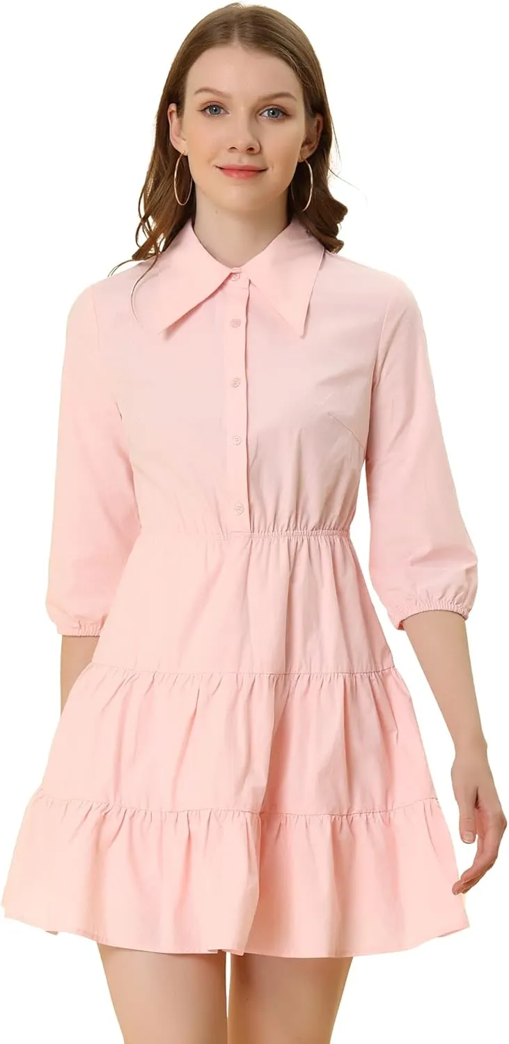 Allegra K Women's 3/4 Sleeve Casual Fall Elastic Waist Cute Collared Tiered Mini Dress