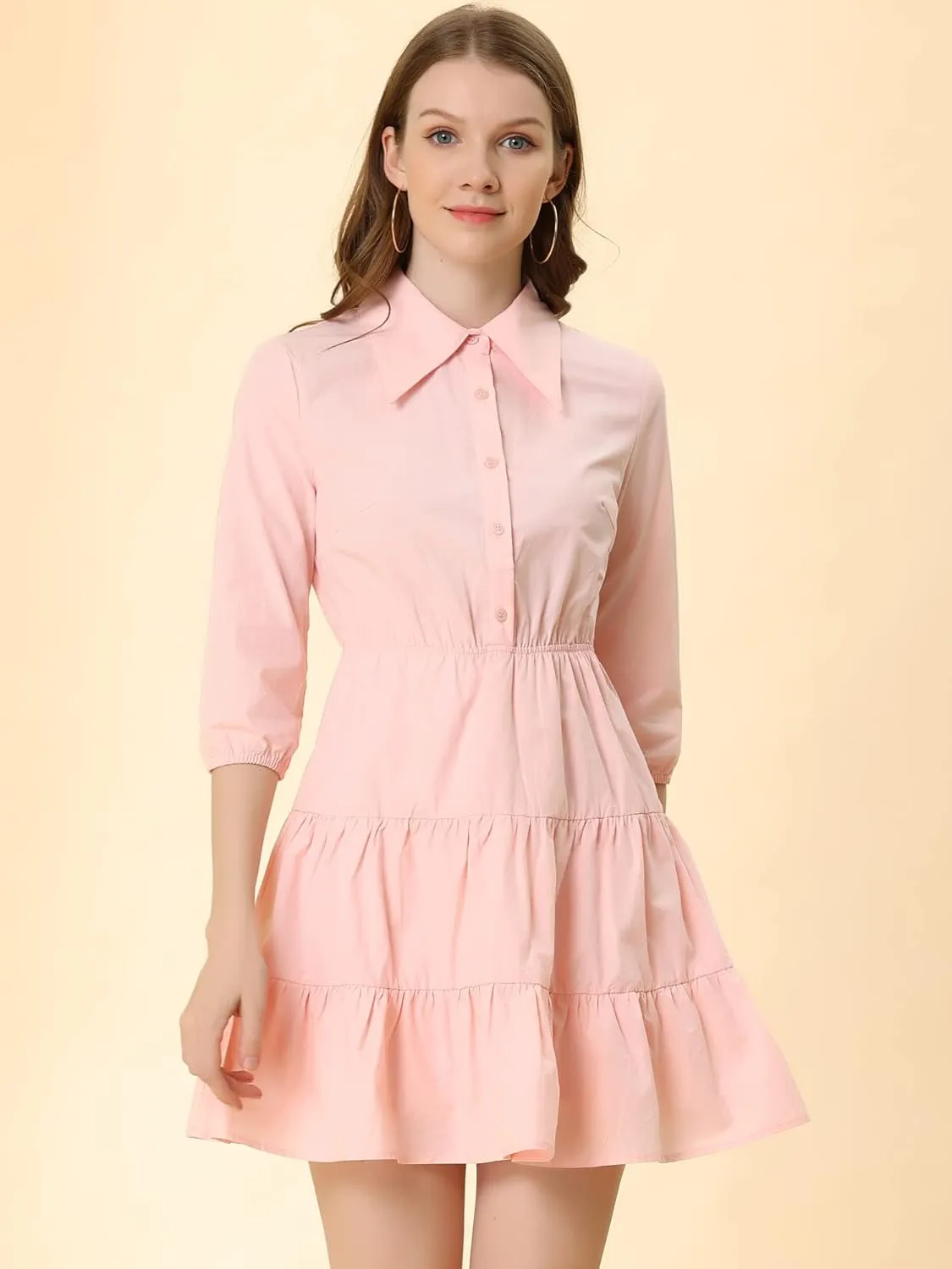 Allegra K Women's 3/4 Sleeve Casual Fall Elastic Waist Cute Collared Tiered Mini Dress