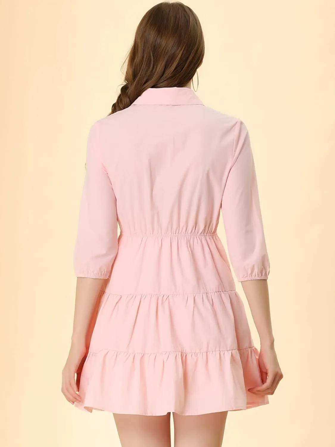 Allegra K Women's 3/4 Sleeve Casual Fall Elastic Waist Cute Collared Tiered Mini Dress