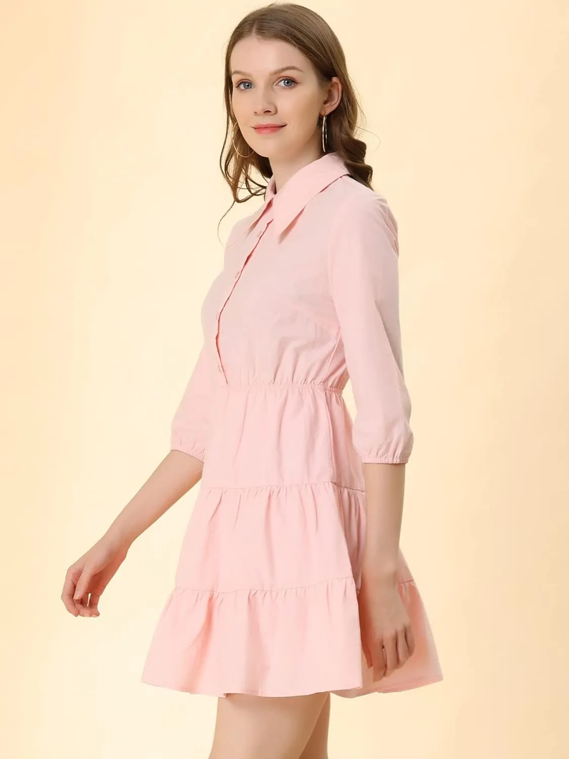 Allegra K Women's 3/4 Sleeve Casual Fall Elastic Waist Cute Collared Tiered Mini Dress