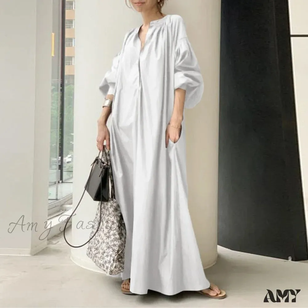 Amy Fashion - Casual Lantern Sleeve Maxi Sundress