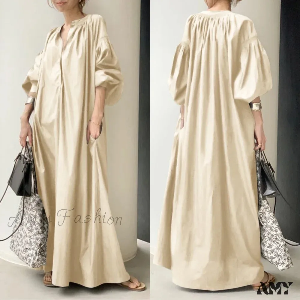 Amy Fashion - Casual Lantern Sleeve Maxi Sundress