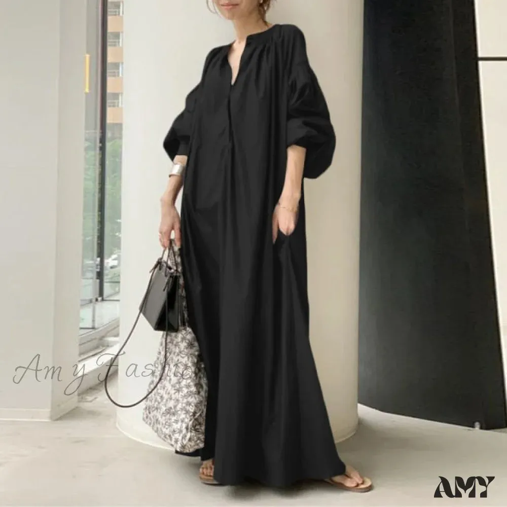 Amy Fashion - Casual Lantern Sleeve Maxi Sundress