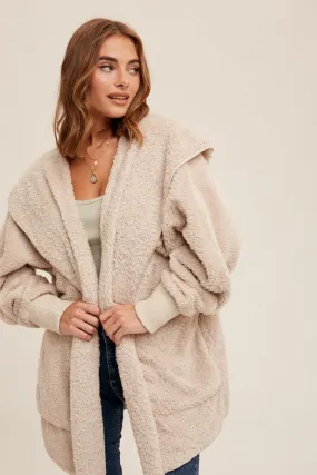 BEIGE SOFT PLUSH HOODED JACKET WITH POCKETS