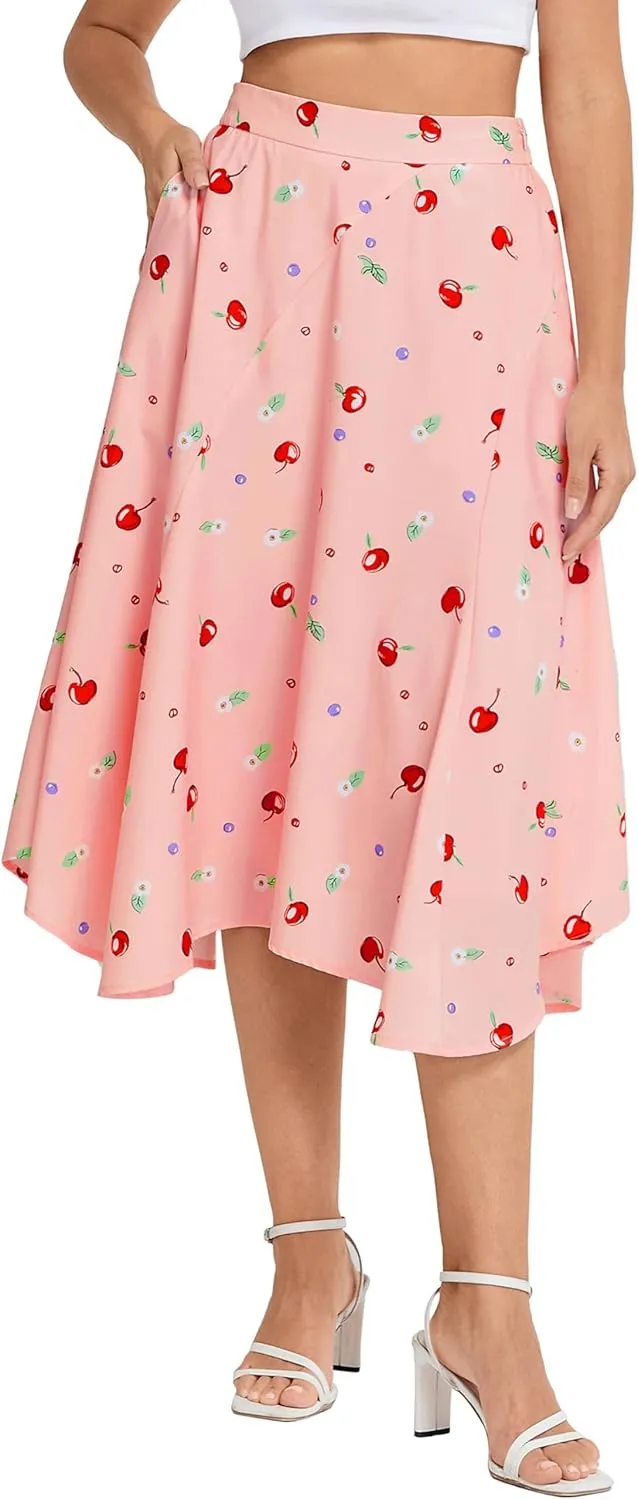 Belle Poque Women Floral Midi Skirt Flowy Skirt Boho Skirt High Waisted Skirt with Pockets