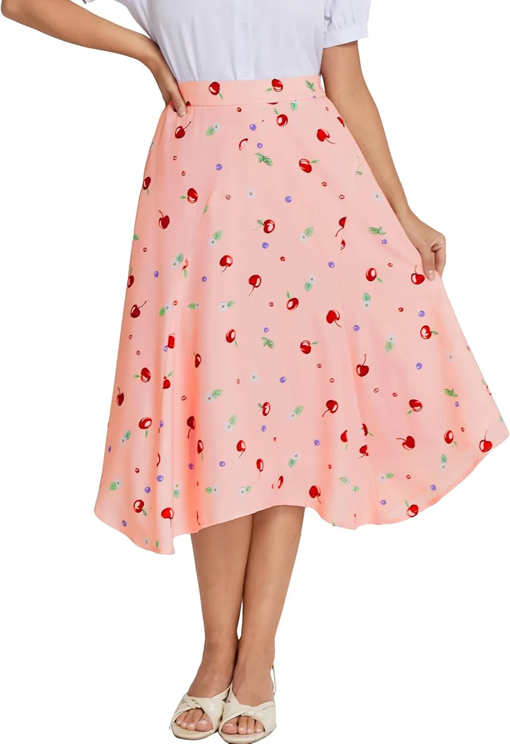 Belle Poque Women Floral Midi Skirt Flowy Skirt Boho Skirt High Waisted Skirt with Pockets