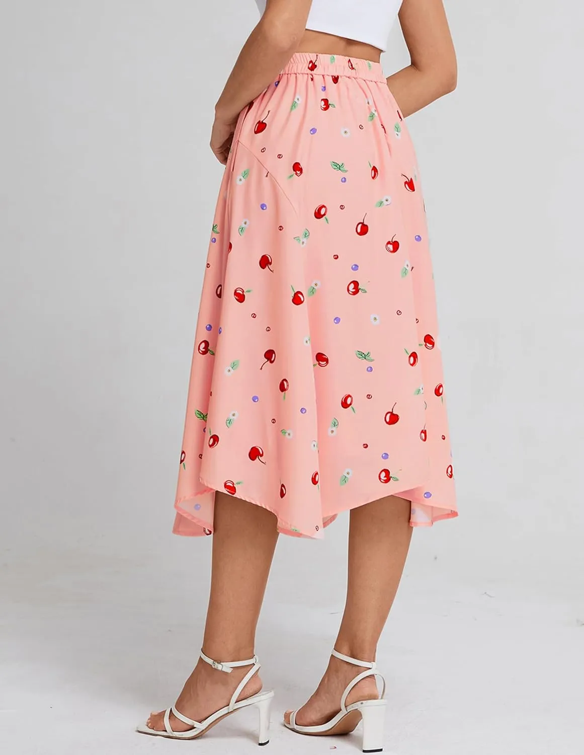 Belle Poque Women Floral Midi Skirt Flowy Skirt Boho Skirt High Waisted Skirt with Pockets