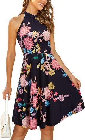 Black Floral-10 Women's Halter Neck Floral Summer Casual Sundress - OUGES