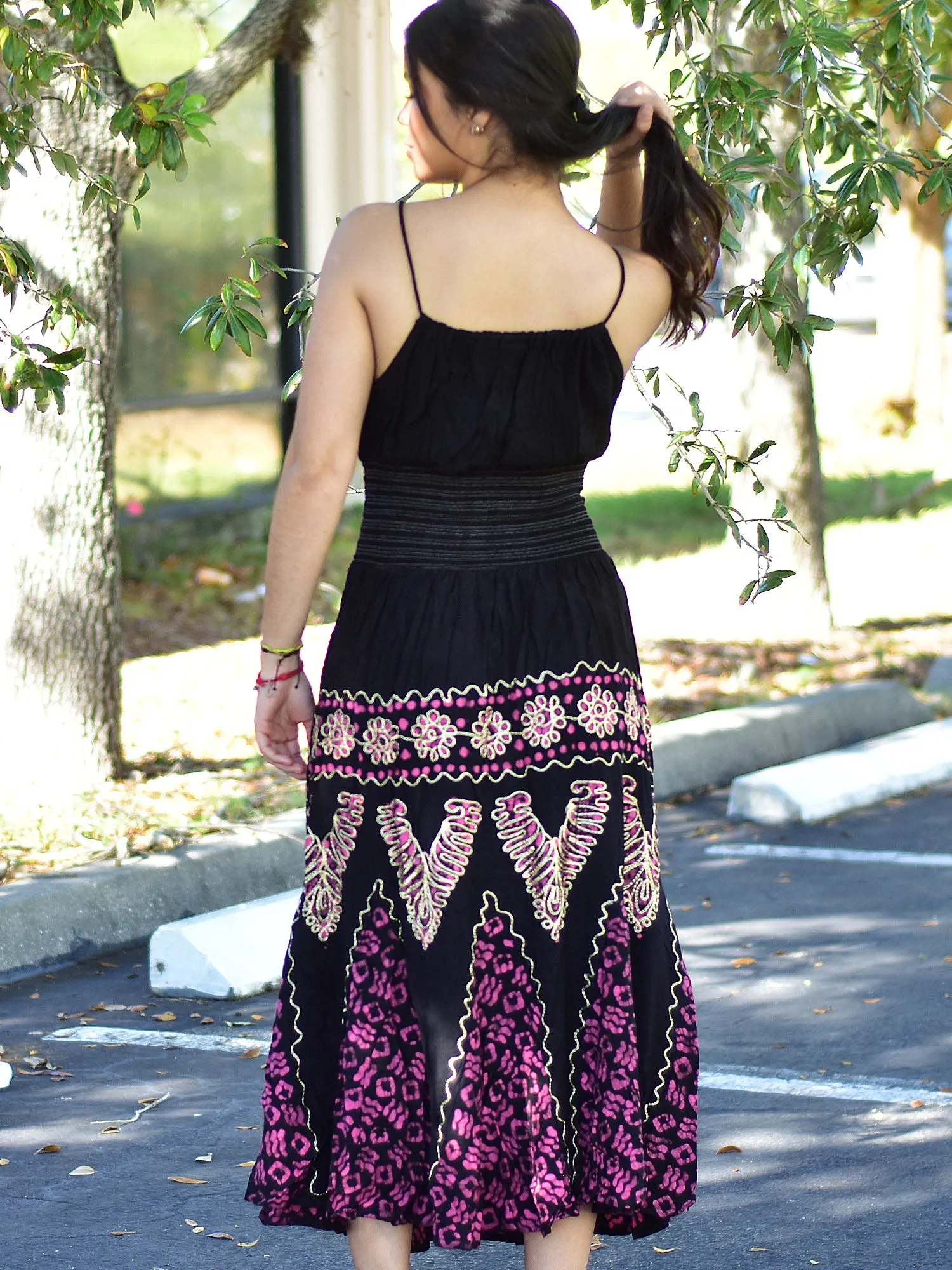 Bohemian Spaghetti Strap Embroidered Smocked Waist Long Summer Dress Nitu2