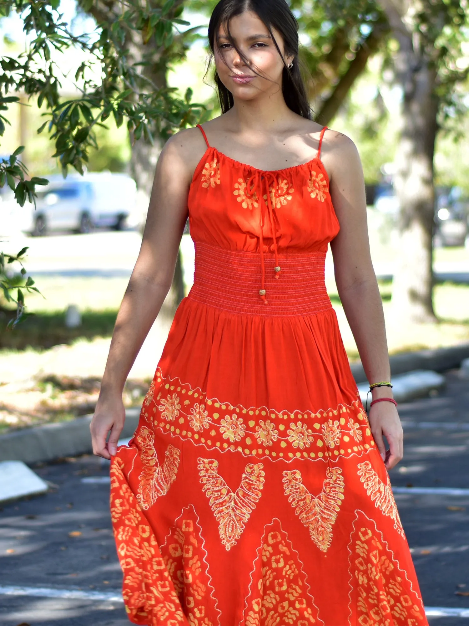 Bohemian Spaghetti Strap Embroidered Smocked Waist Long Summer Dress Nitu2