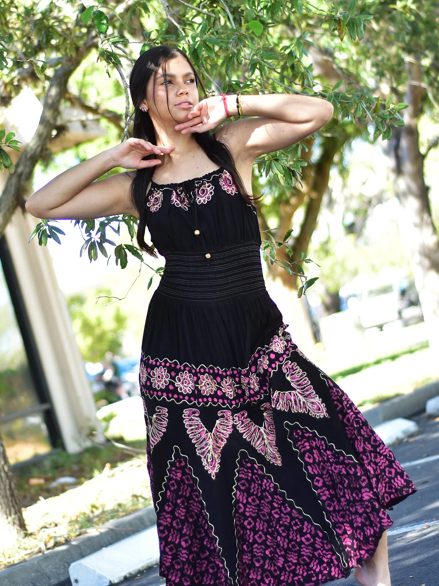 Bohemian Spaghetti Strap Embroidered Smocked Waist Long Summer Dress Nitu2
