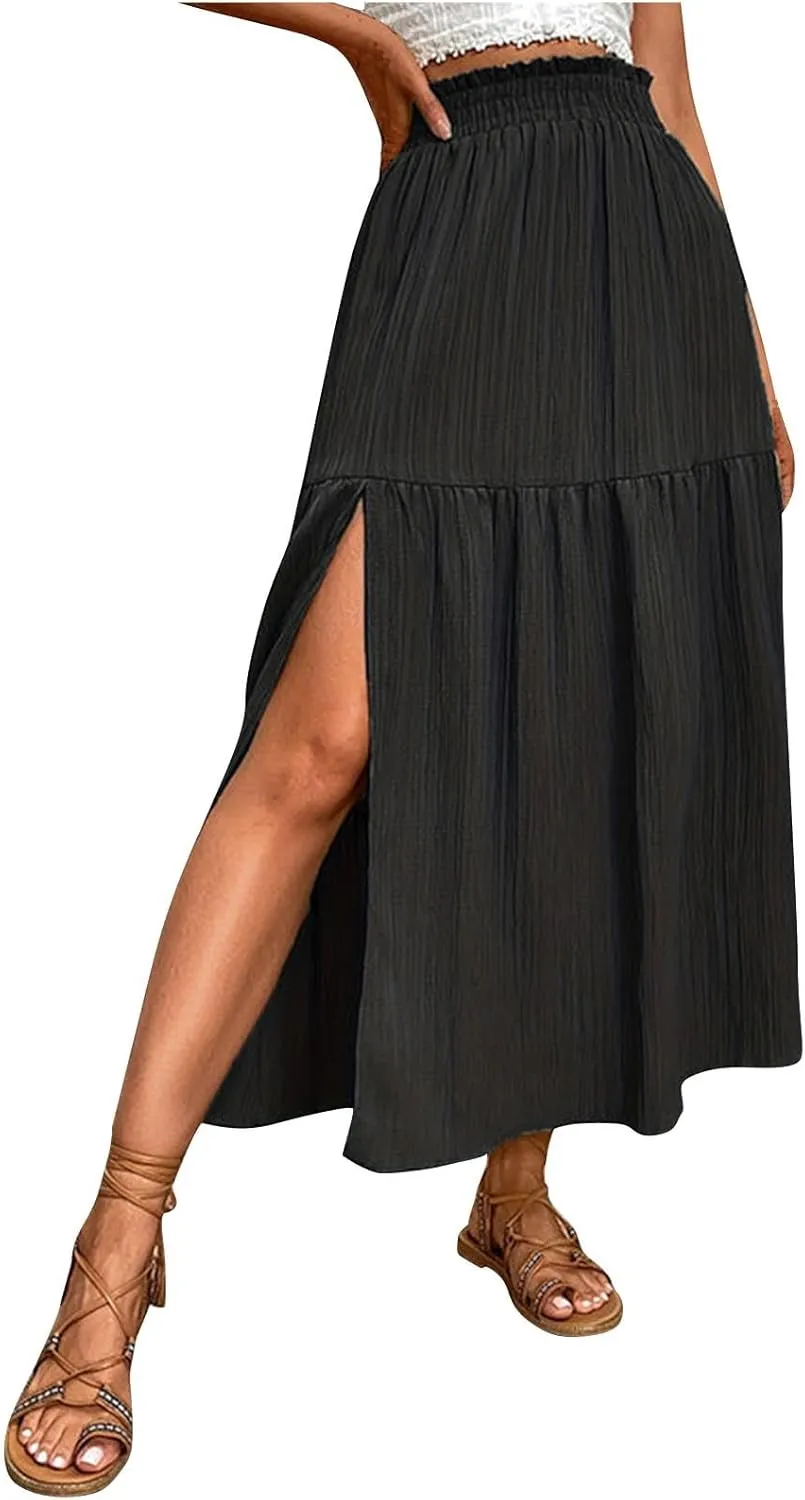 Casual Skirts for Women Side Slit Midi Summer Vacation Skirt Womens Solid High Waist Going Out Skirts Comfortable