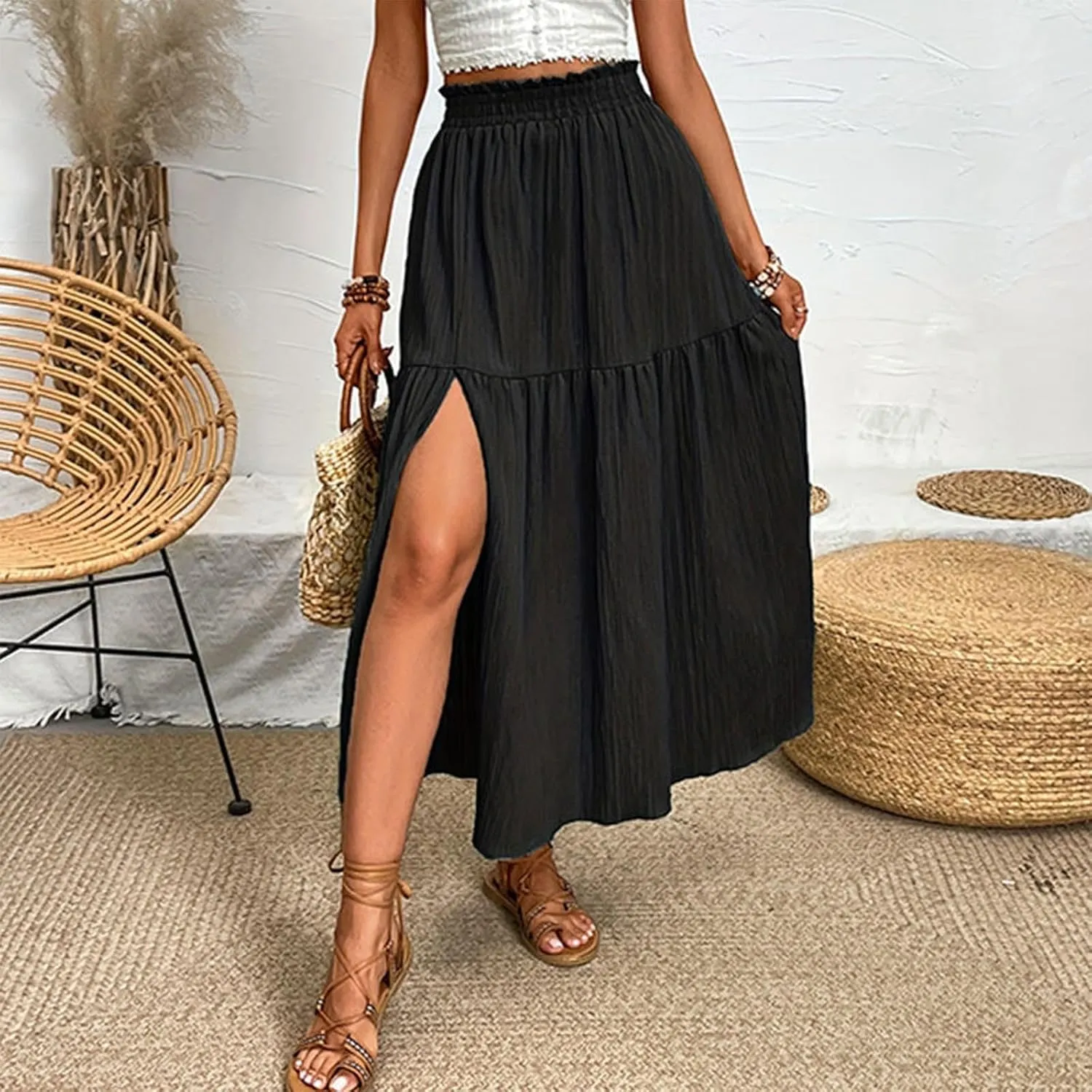 Casual Skirts for Women Side Slit Midi Summer Vacation Skirt Womens Solid High Waist Going Out Skirts Comfortable
