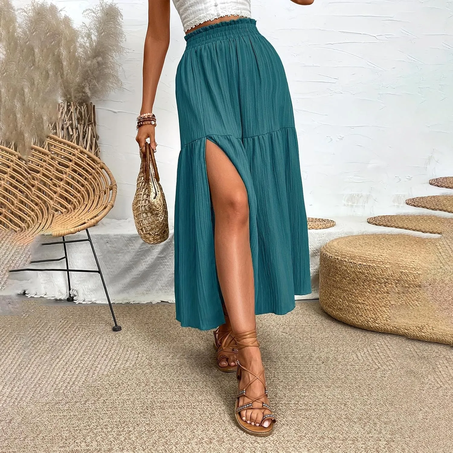 Casual Skirts for Women Side Slit Midi Summer Vacation Skirt Womens Solid High Waist Going Out Skirts Comfortable