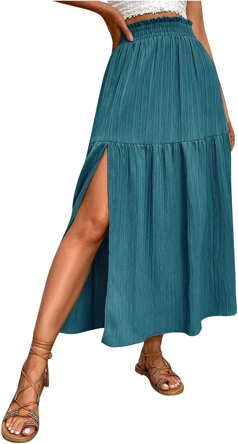 Casual Skirts for Women Side Slit Midi Summer Vacation Skirt Womens Solid High Waist Going Out Skirts Comfortable