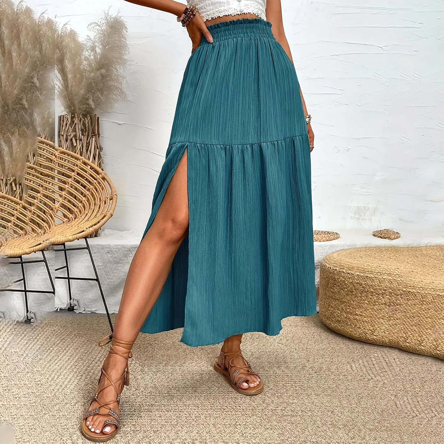 Casual Skirts for Women Side Slit Midi Summer Vacation Skirt Womens Solid High Waist Going Out Skirts Comfortable