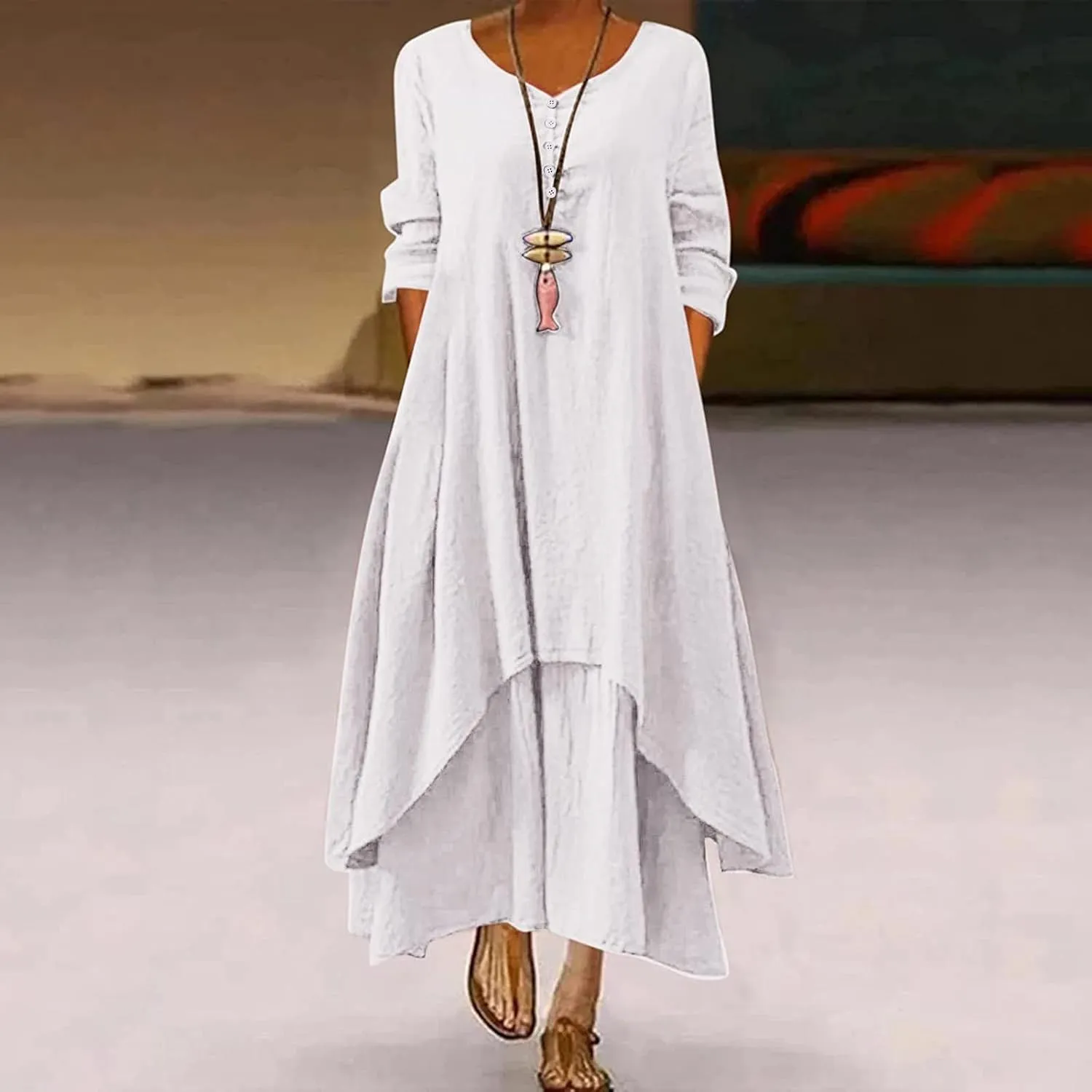 Ceboyel Women Irregular Hem Maxi Dress Cotton Linen Long Summer Dress Solid Color Boho Flowy Dress Beach Clothing 2023