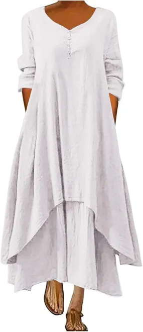 Ceboyel Women Irregular Hem Maxi Dress Cotton Linen Long Summer Dress Solid Color Boho Flowy Dress Beach Clothing 2023