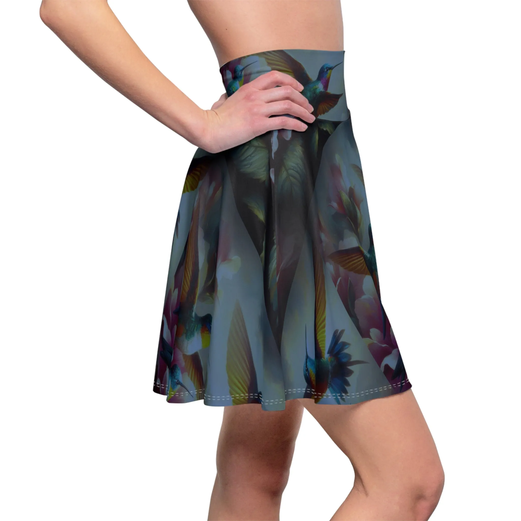 Deep Multicolor Hummingbirds Women's Skater Skirt - Nature-Inspired Fashion