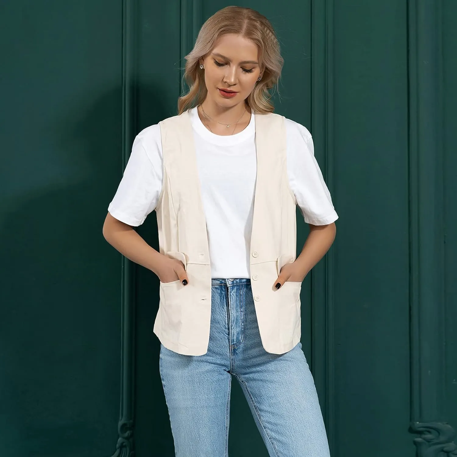Dongfeng Women's Cotton Linen Sleeveless Vest Casual V Neck Button Down Blazer Waistcoat Jackets