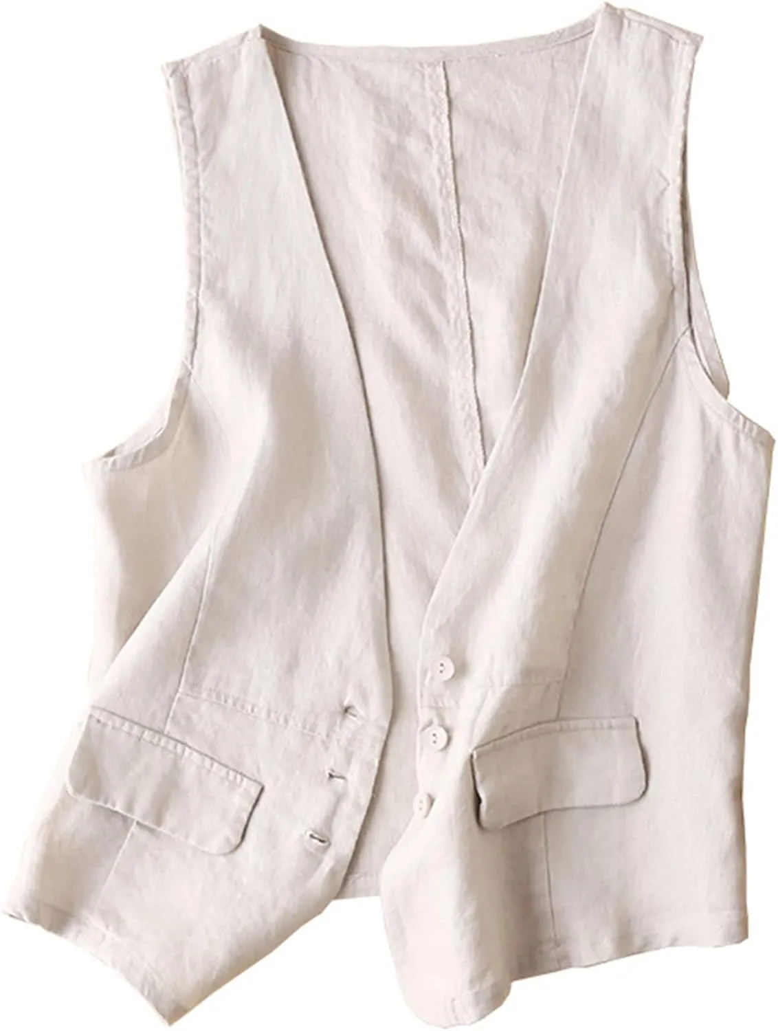 Dongfeng Women's Cotton Linen Sleeveless Vest Casual V Neck Button Down Blazer Waistcoat Jackets