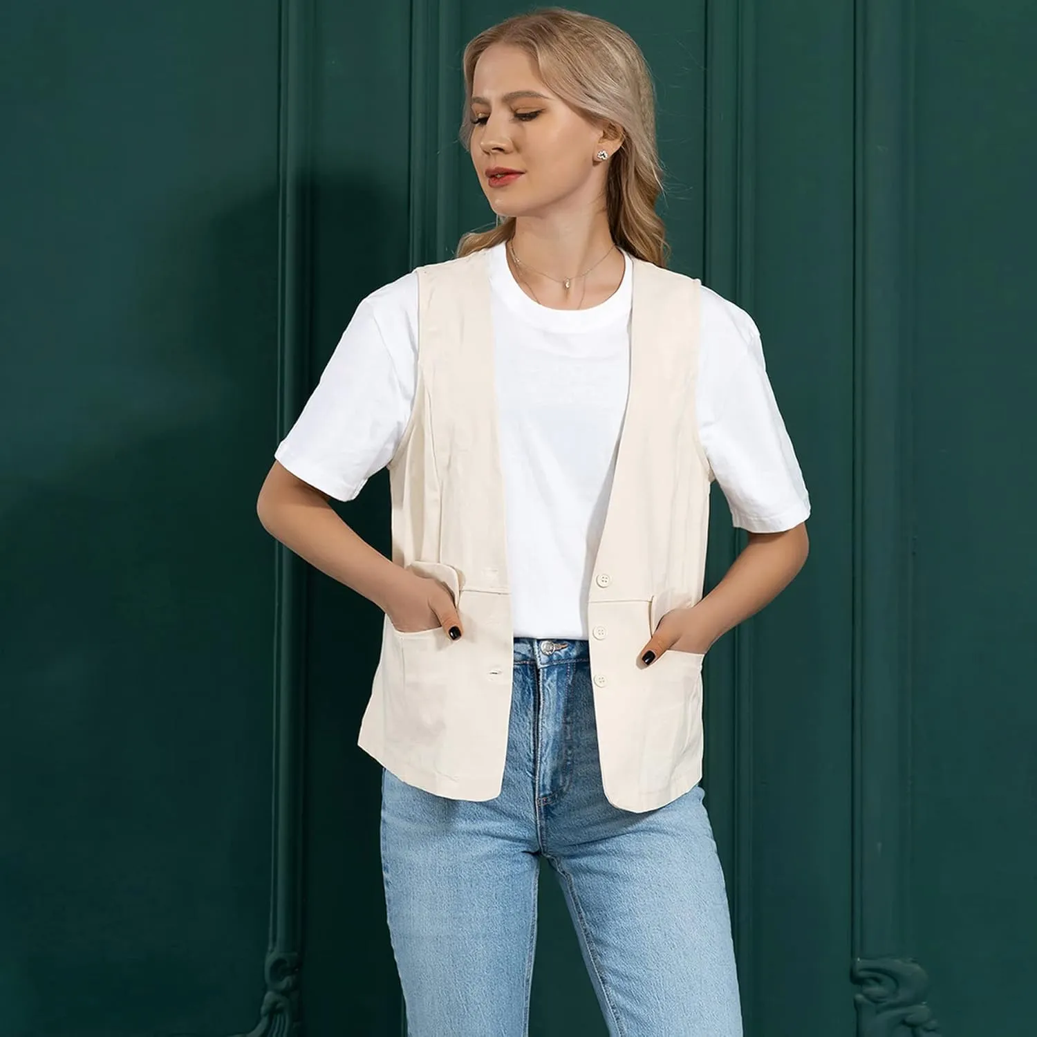 Dongfeng Women's Cotton Linen Sleeveless Vest Casual V Neck Button Down Blazer Waistcoat Jackets
