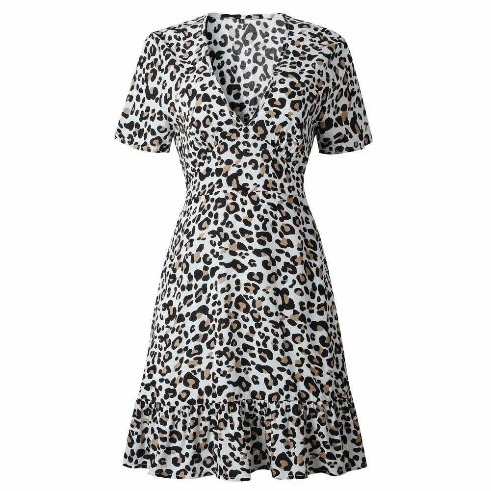 FashionSierra - Women Leopard Print Sexy V Neck Dress New Fashion Ladies Summer Beach Short Mini Dress Sundress Casual Short Sleeve Party Dress