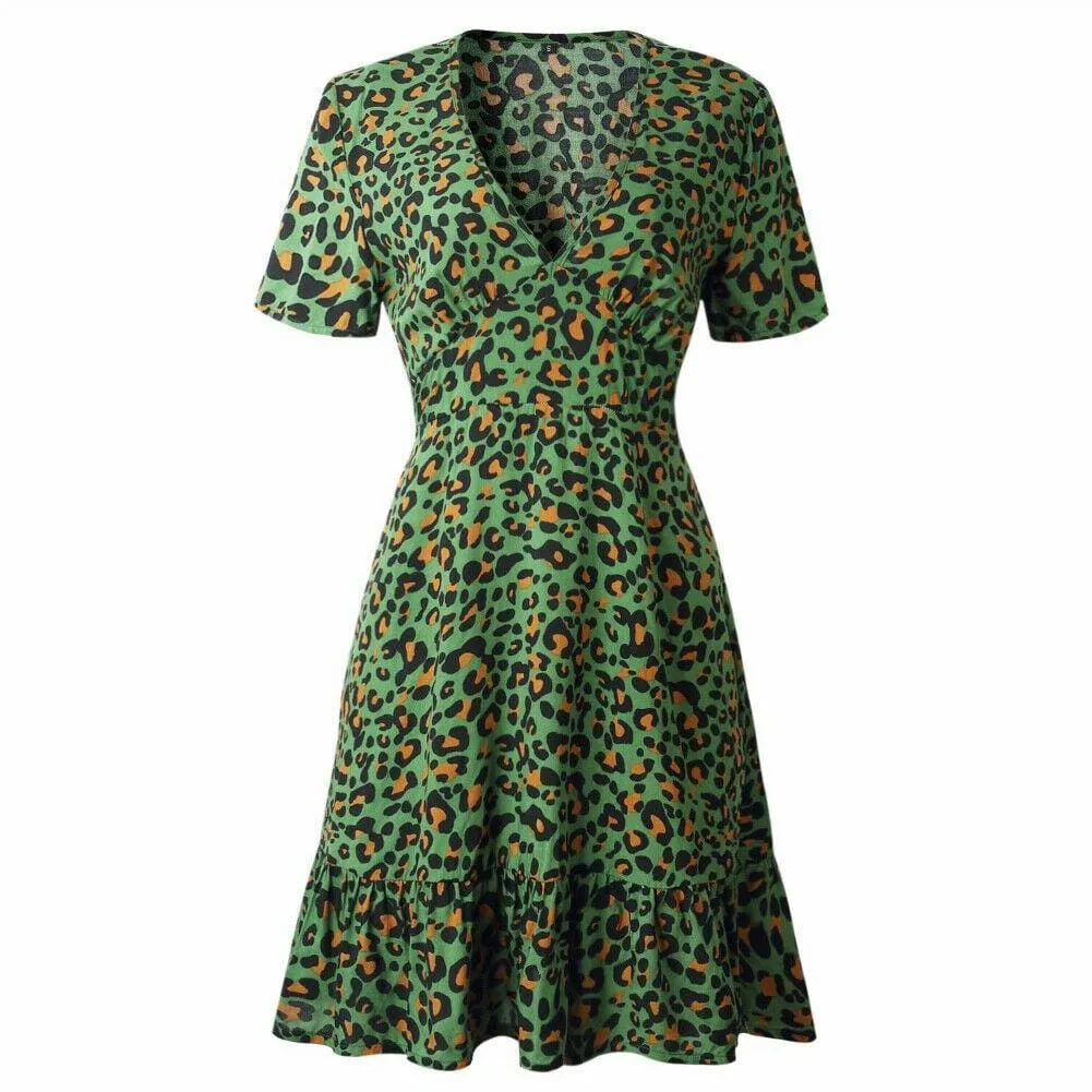 FashionSierra - Women Leopard Print Sexy V Neck Dress New Fashion Ladies Summer Beach Short Mini Dress Sundress Casual Short Sleeve Party Dress
