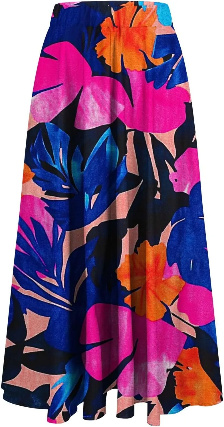 Floral Maxi Skirt Women High Waist A-Line Long Skirt Flowing Skirt Blue