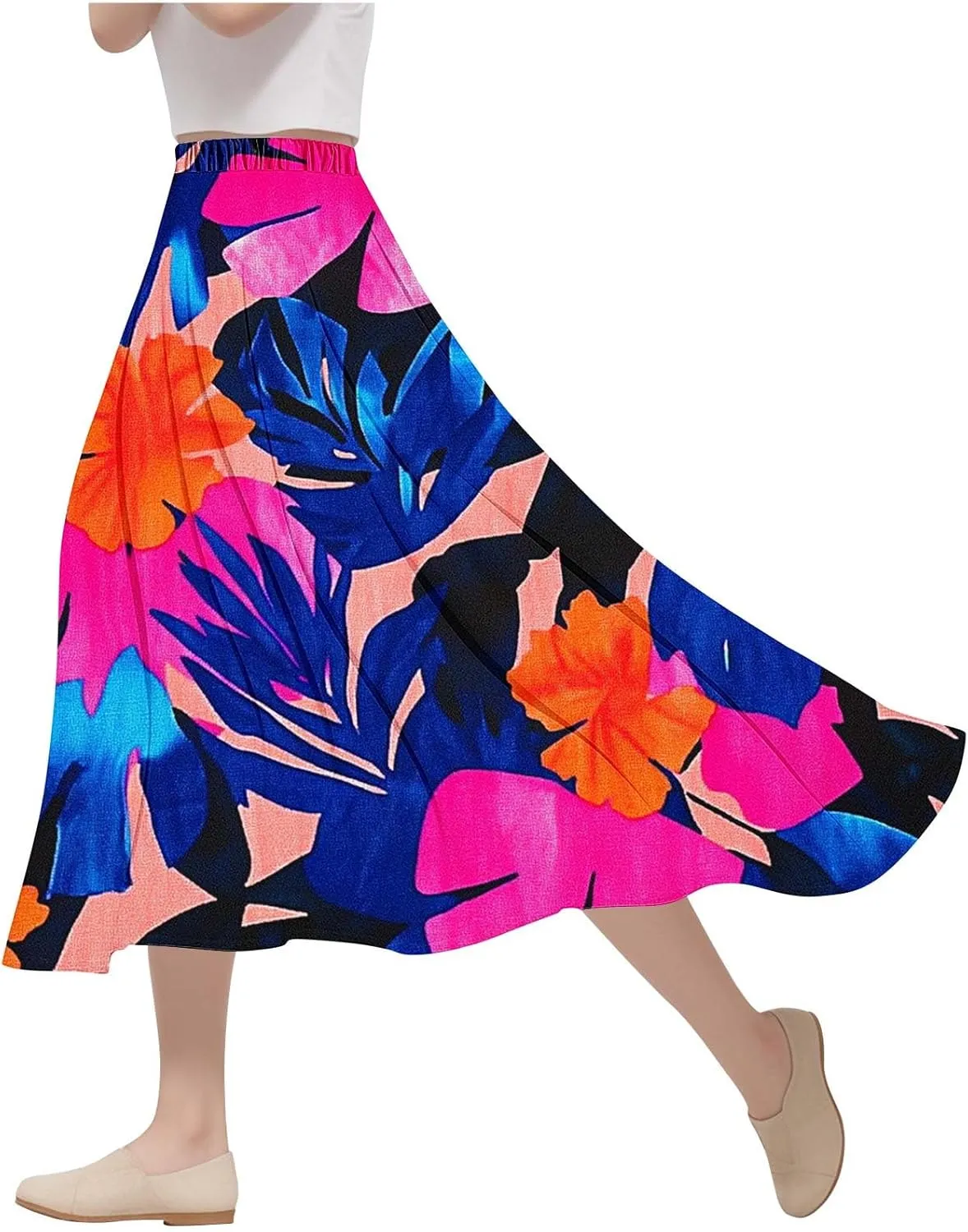 Floral Maxi Skirt Women High Waist A-Line Long Skirt Flowing Skirt Blue