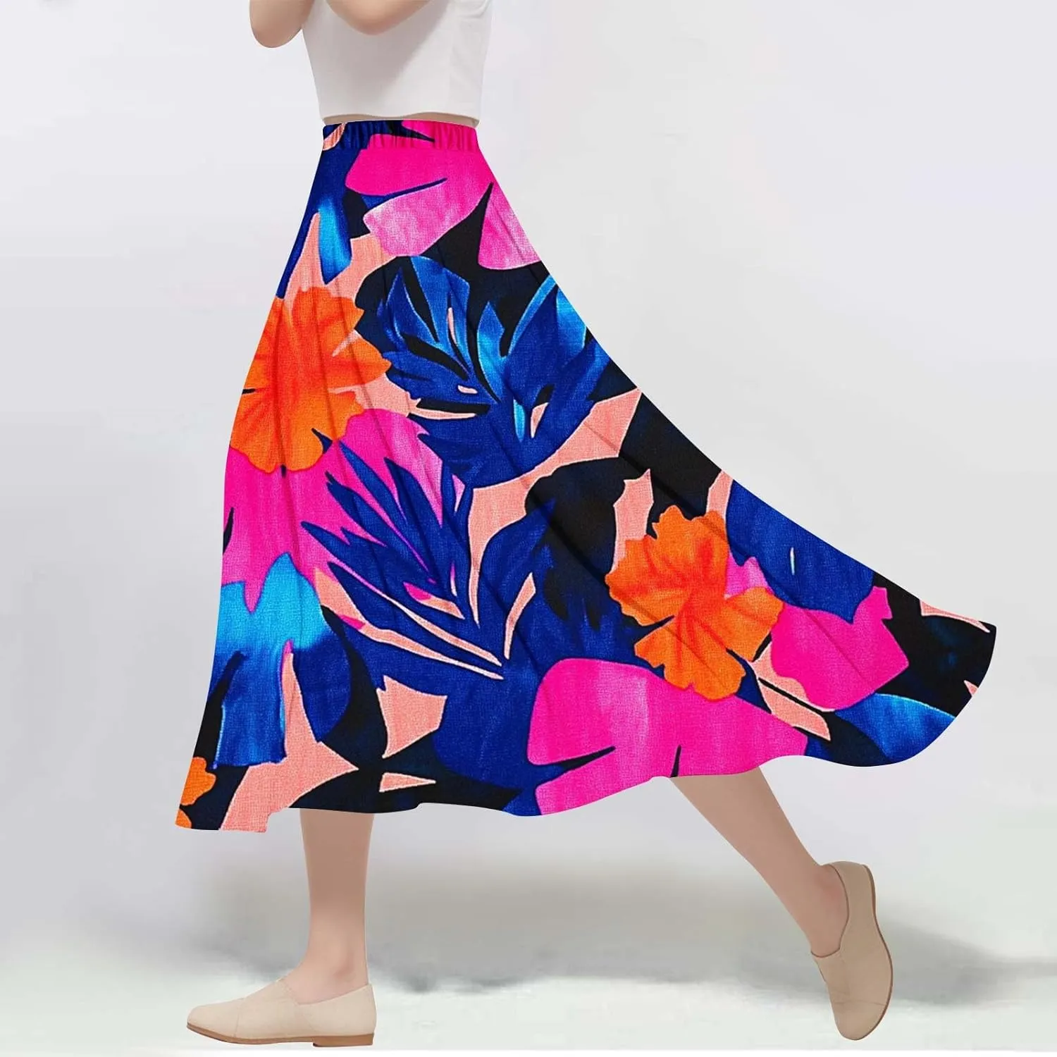 Floral Maxi Skirt Women High Waist A-Line Long Skirt Flowing Skirt Blue