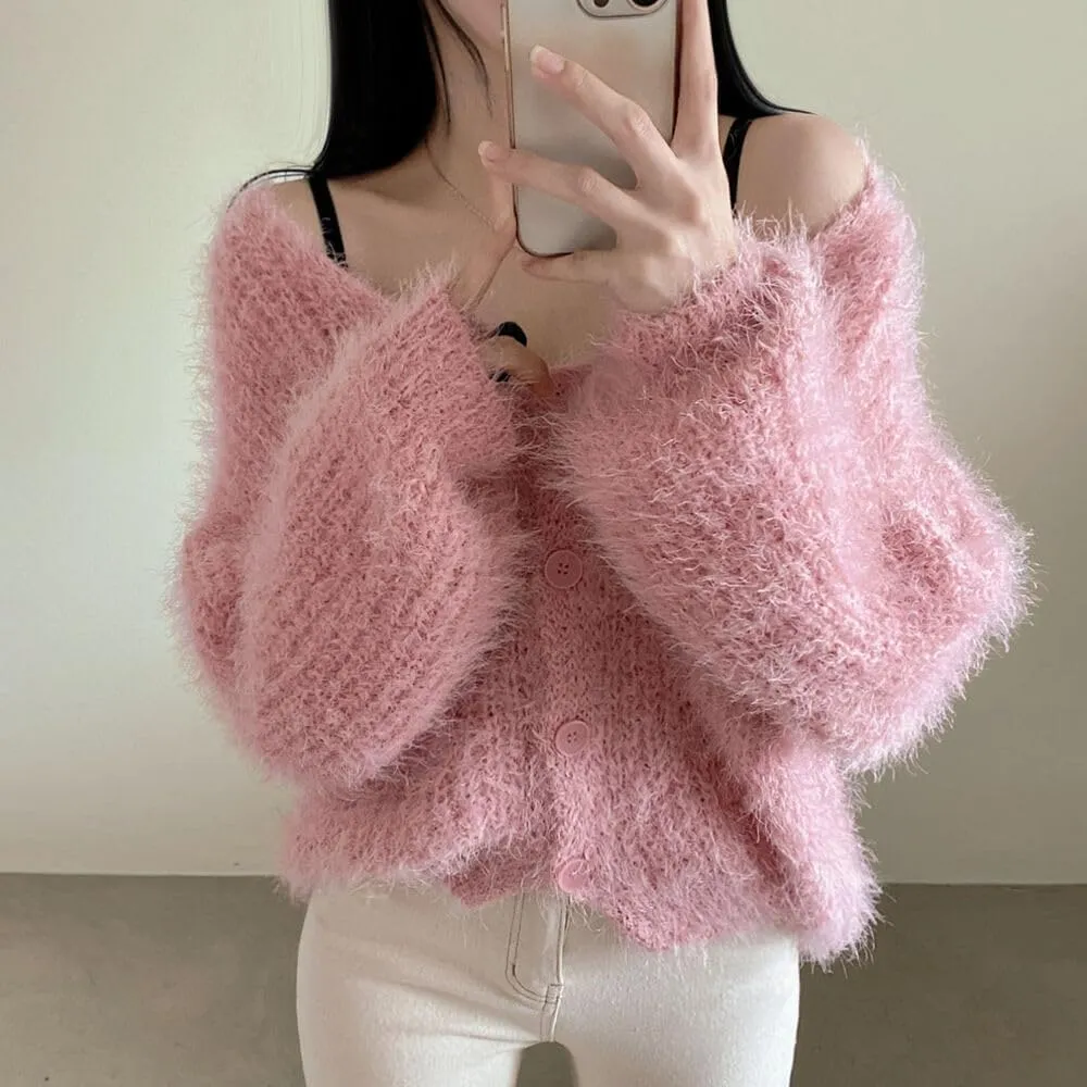 Fuzzy Mohair Cropped Cardigan Women Coquette Soft Warm Cardigan Trendy Fall Open Front Cardigan Sweaters