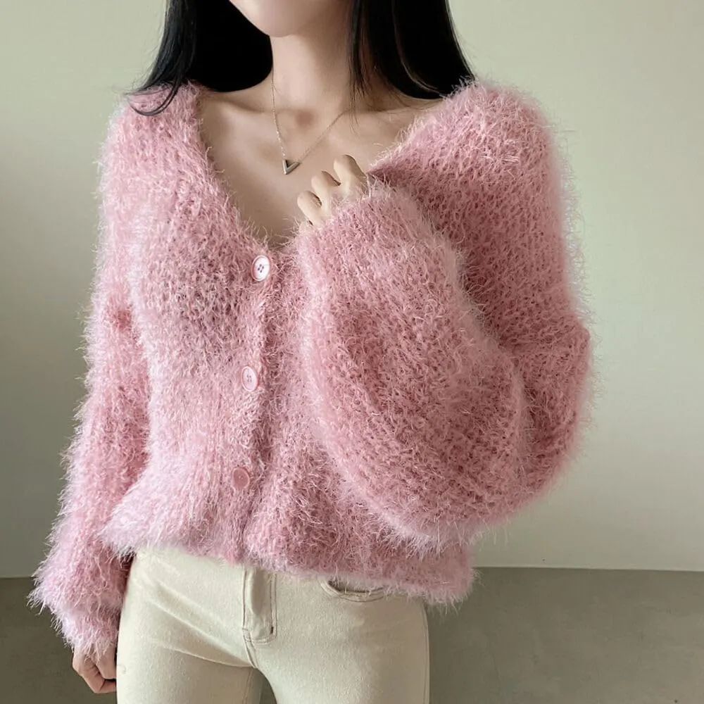 Fuzzy Mohair Cropped Cardigan Women Coquette Soft Warm Cardigan Trendy Fall Open Front Cardigan Sweaters