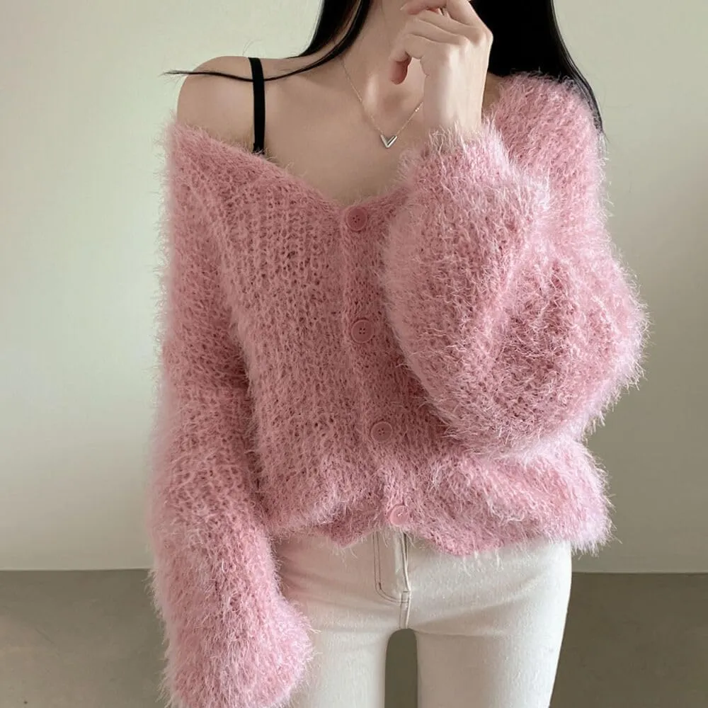 Fuzzy Mohair Cropped Cardigan Women Coquette Soft Warm Cardigan Trendy Fall Open Front Cardigan Sweaters