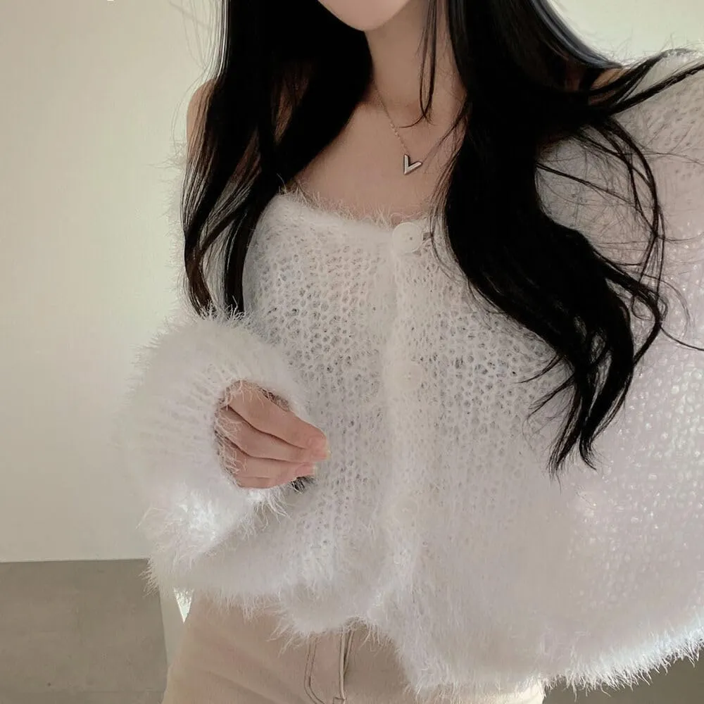 Fuzzy Mohair Cropped Cardigan Women Coquette Soft Warm Cardigan Trendy Fall Open Front Cardigan Sweaters