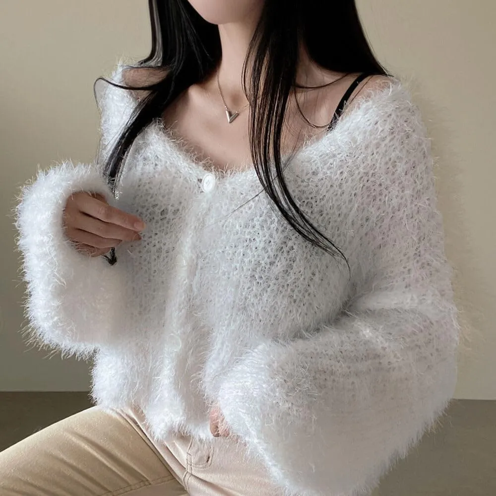 Fuzzy Mohair Cropped Cardigan Women Coquette Soft Warm Cardigan Trendy Fall Open Front Cardigan Sweaters