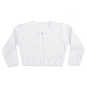 Girls White 100% Cotton Cardigan with Tear Drop Pattern and Scalloped Trim