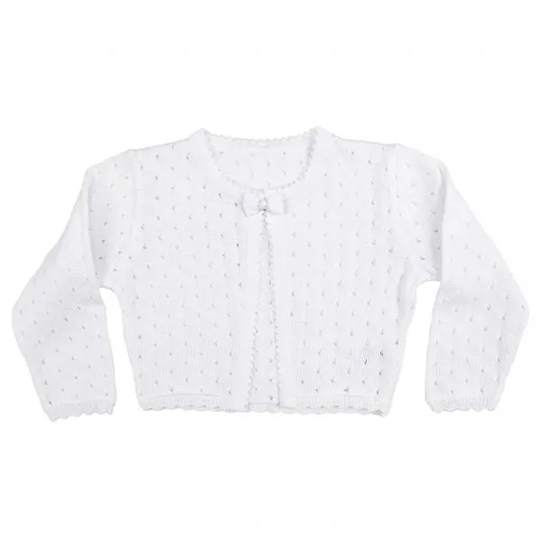 Girls White 100% Cotton Cardigan with Tear Drop Pattern and Scalloped Trim
