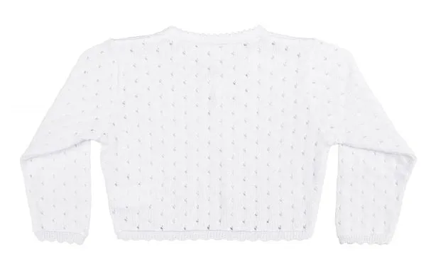 Girls White 100% Cotton Cardigan with Tear Drop Pattern and Scalloped Trim