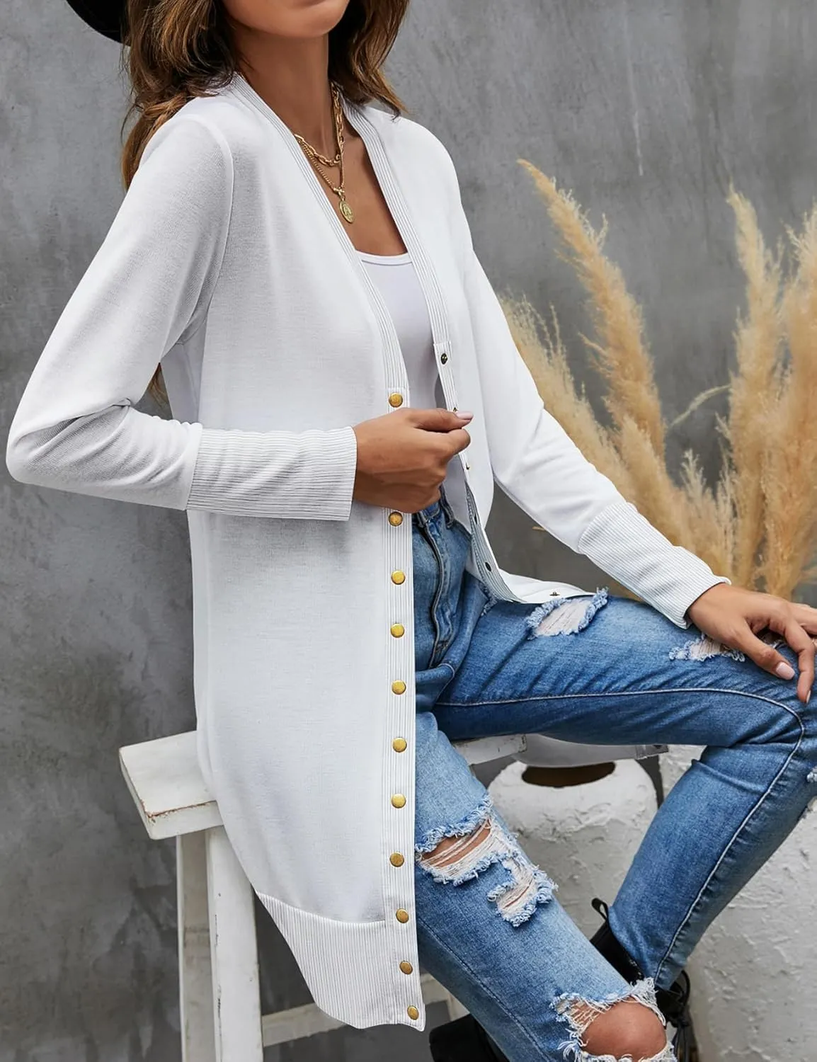 Halife Womens Long Sleeve Cardigans Lightweight Ribbed Neckline Soft Knit Cardigan Sweater with Buttons