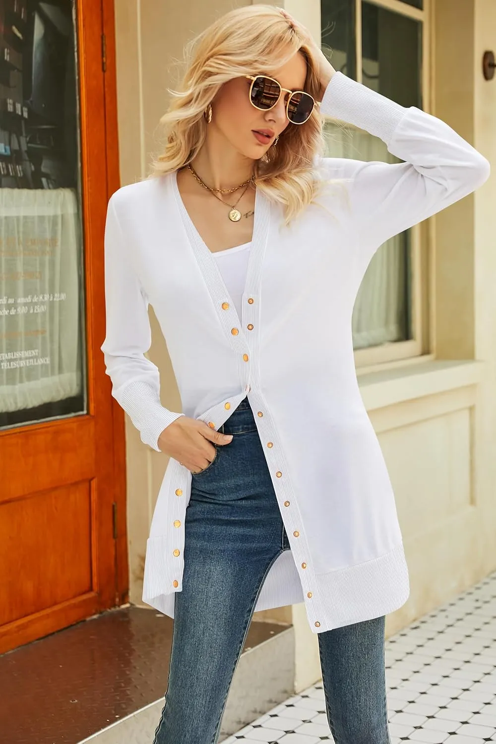 Halife Womens Long Sleeve Cardigans Lightweight Ribbed Neckline Soft Knit Cardigan Sweater with Buttons