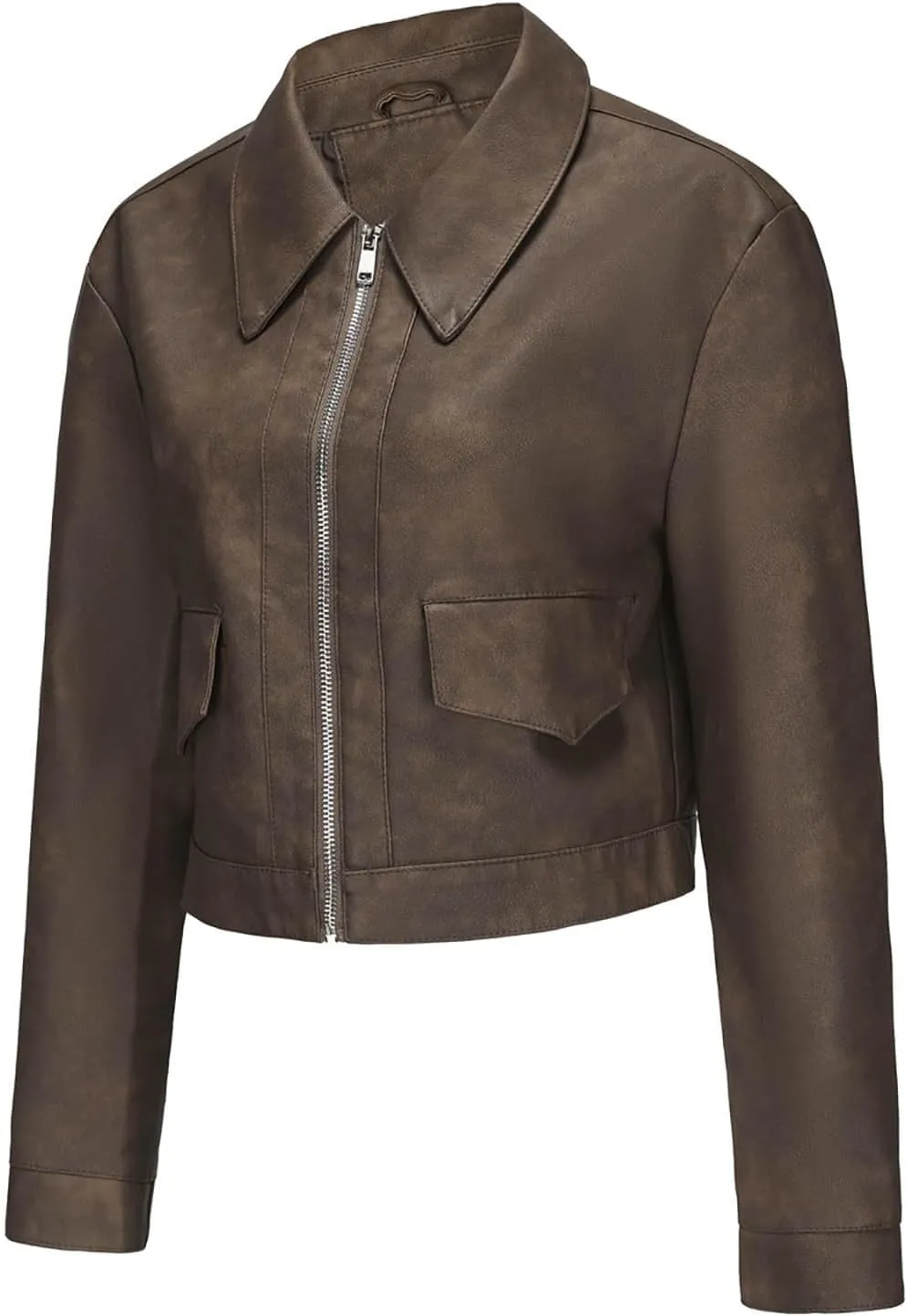 HGps8w Women's Cropped Faux Leather Jacket, Chic Lapel Zipper Up Casual PU Moto Bike Coat Outwear with Pockets