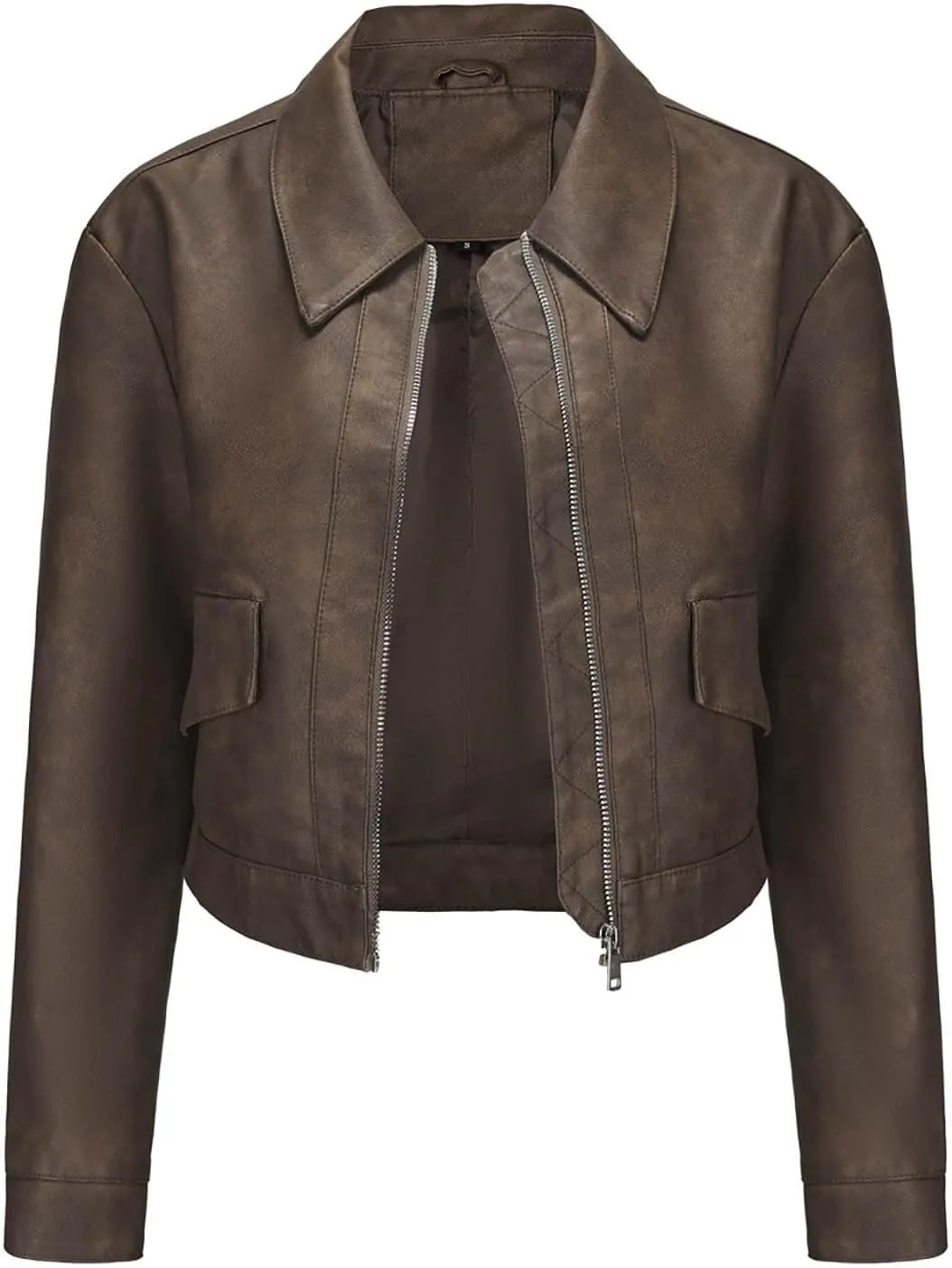 HGps8w Women's Cropped Faux Leather Jacket, Chic Lapel Zipper Up Casual PU Moto Bike Coat Outwear with Pockets